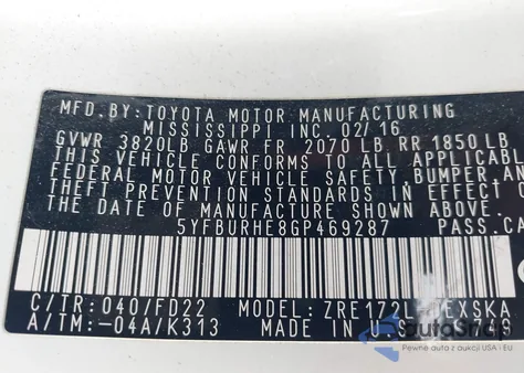 2016 Toyota Corolla S Plus z USA, uszkodzony, nr VIN 5YFBURHE8GP469287